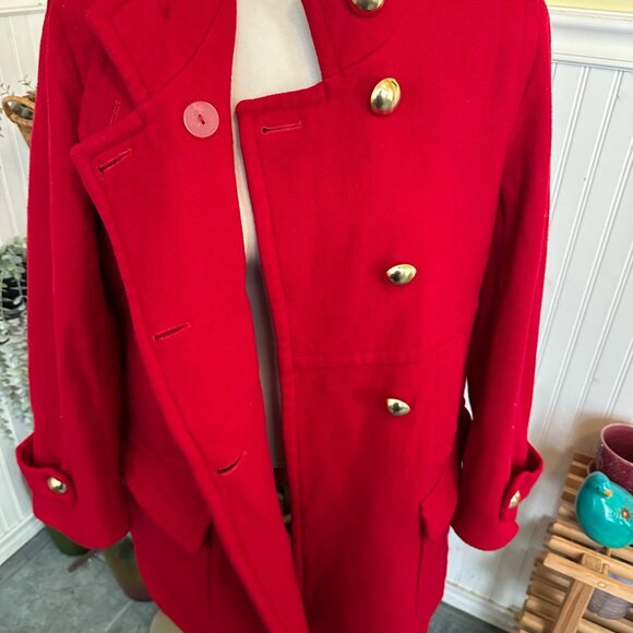 Womens Red Double-Breasted Wool Coat By Via Spiga W/ Gold Buttons Size 14 - Picture 11 of 14